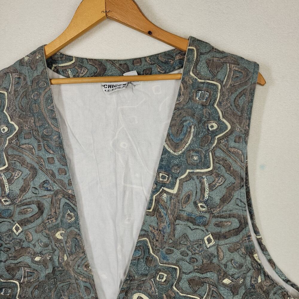 Vintage Chicos Vest Womens Shirt Sz 2 Large Green Cottagecore Button Up Aztec - Picture 8 of 11